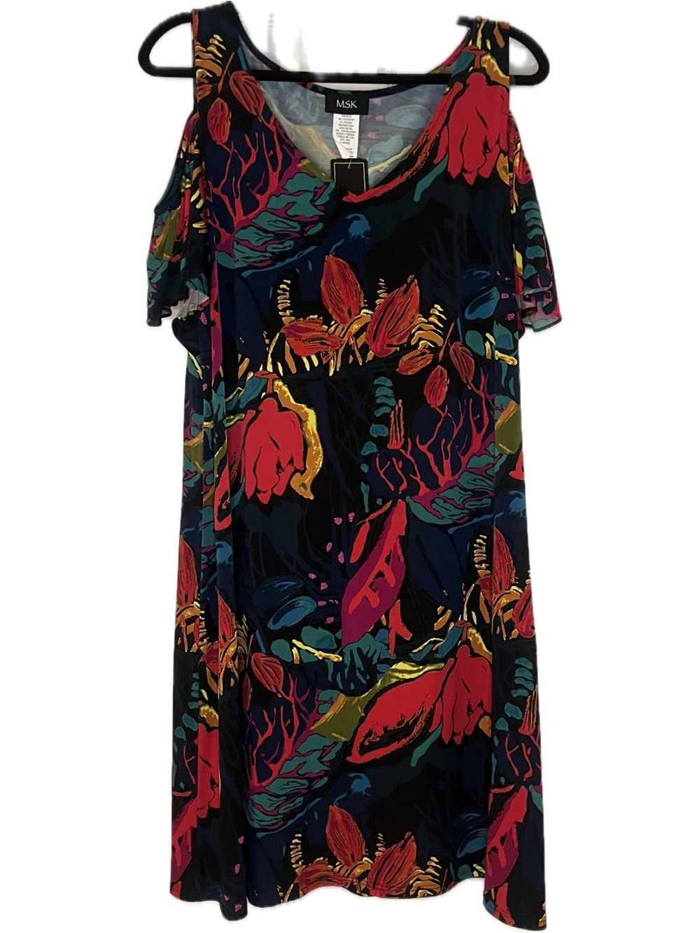 MSK Navy Floral Cold-Shoulder Shift Dress with Bold Red and Teal Accents